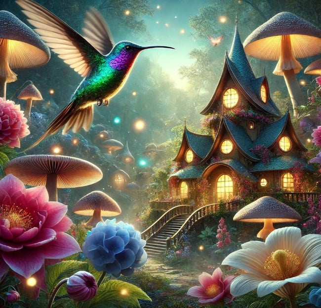 Wonderplay Diamond Painting Vogel Fantasie – kolibrie in een sprookjesbos met verlicht huis en paddenstoelen